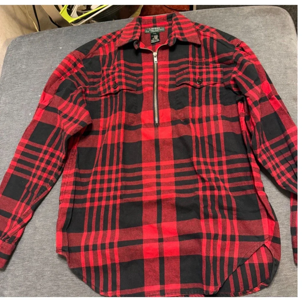 Lauren Ralph Lauren Petite Red Black Plaid Quarter Zip Flannel Shirt‎ P/P Cotton